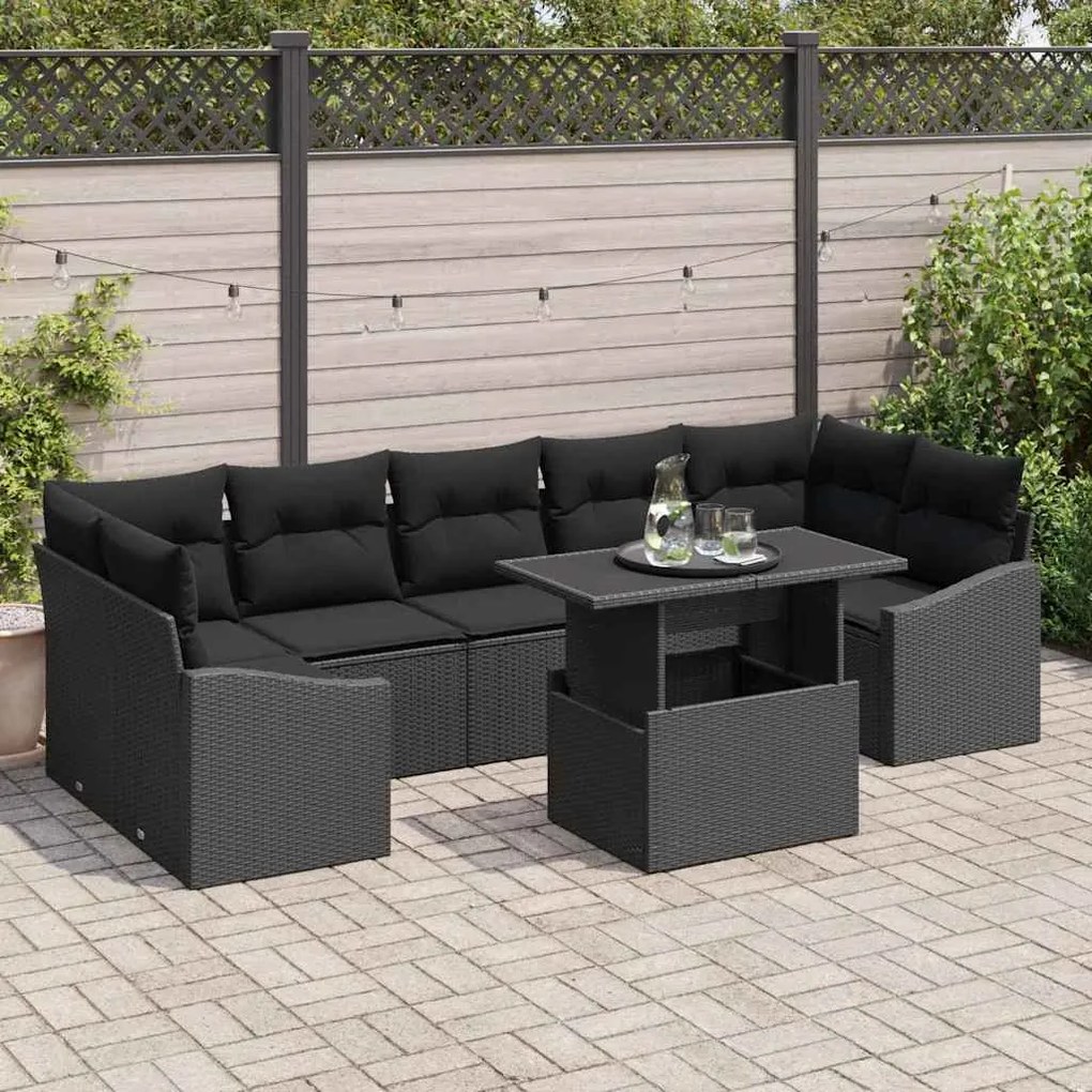 vidaXL Conjunto de Sofá de Jardim com almofada 8 pcs Preto vime PE