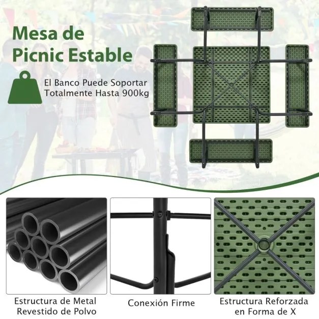 Conjunto de mesa e bancos de piquenique para 8 pessoas com 4 bancos e orifício para guarda-sol, estrutura em metal verde