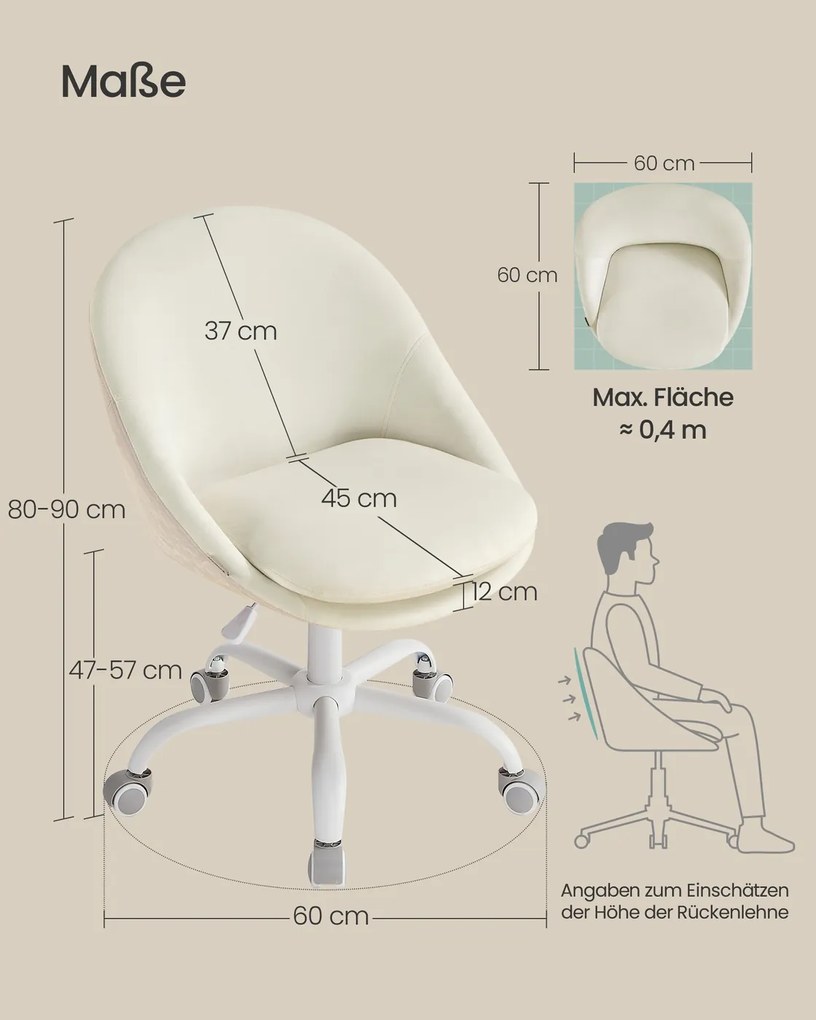 Cadeira para escritório em casa, ajustável em altura, com almofada estofada em branco creme