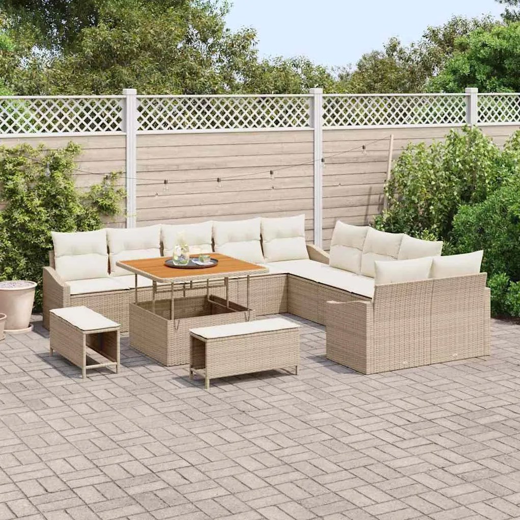 Conjunto de Sofá de Jardim vidaXL 13 Peças com Almofadas Bege Rattan P