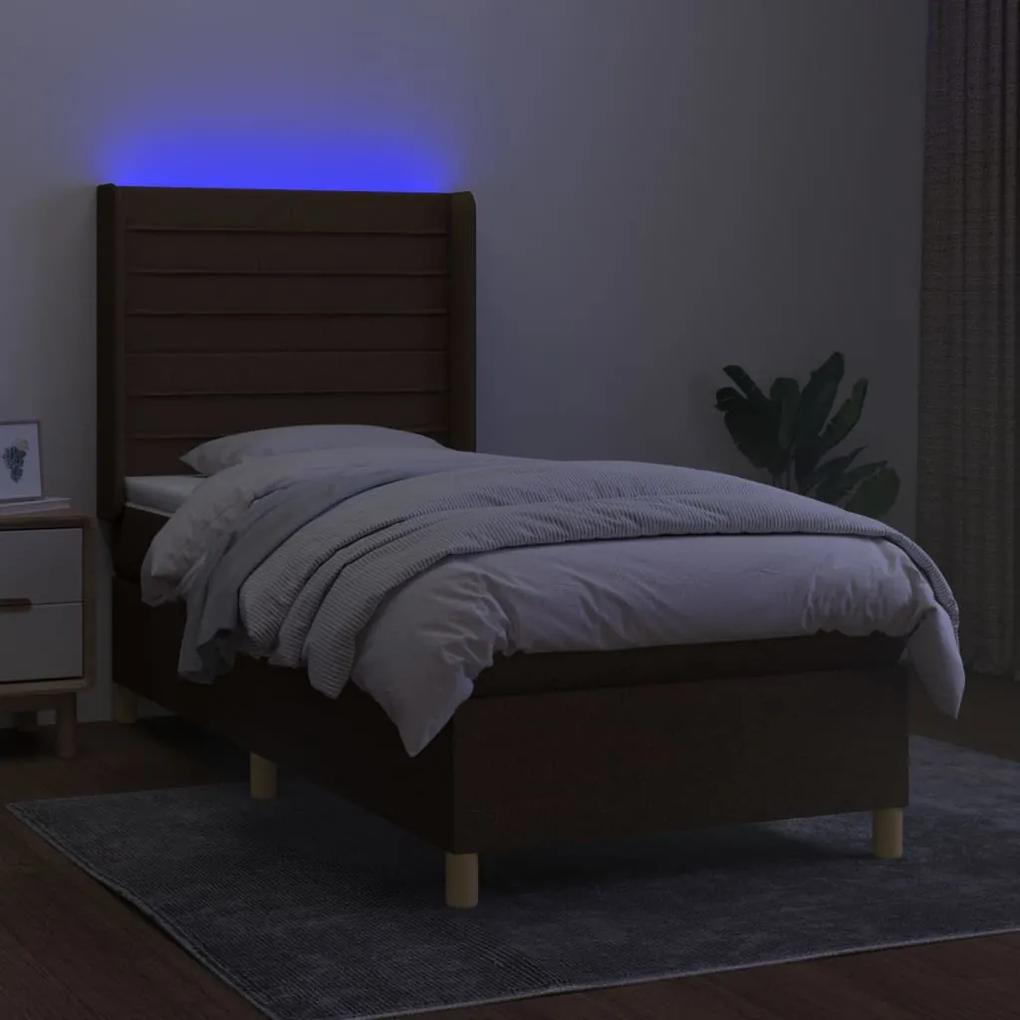 Cama box spring c/ colchão/LED 100x200cm tecido castanho-escuro