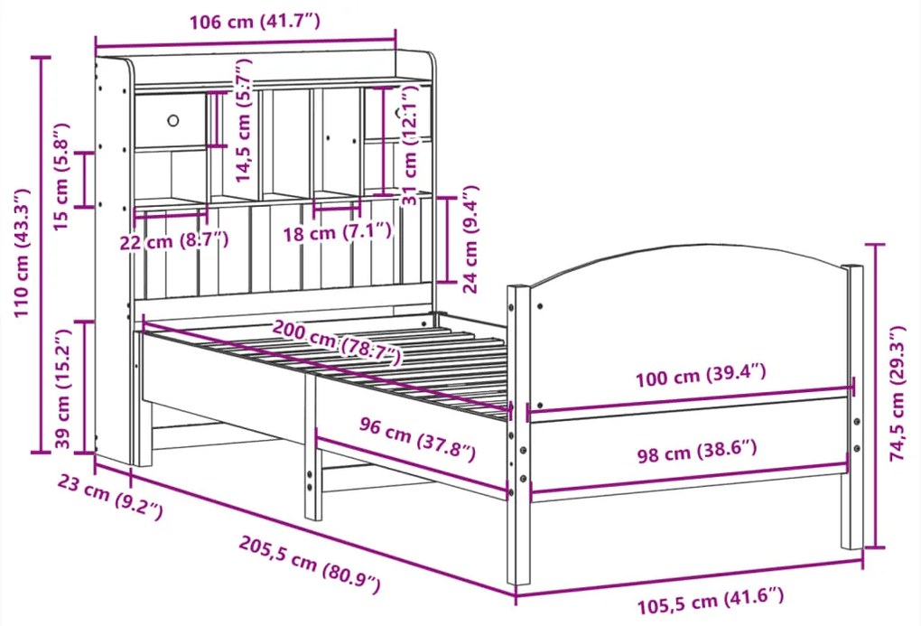 Cama com estante sem colchão 100x200 cm pinho maciço
