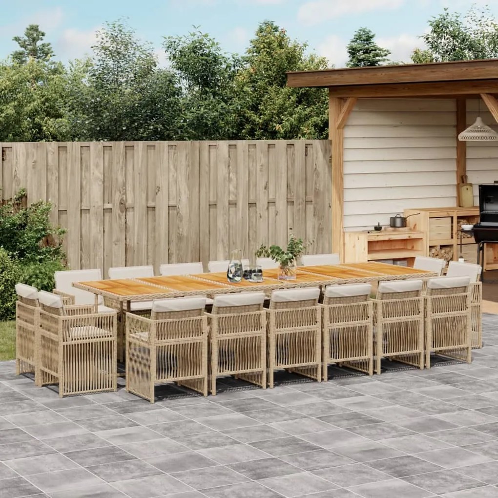 17 pcs conjunto de jantar p/ jardim c/ almofadões vime PE bege