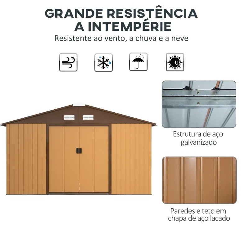 Abrigo de Jardim Metálico 340x386x200cm Abrigo de Exterior para Armazenamento de Ferramentas com Base Incluida 4 Janelas de Ventilação e Porta Correde