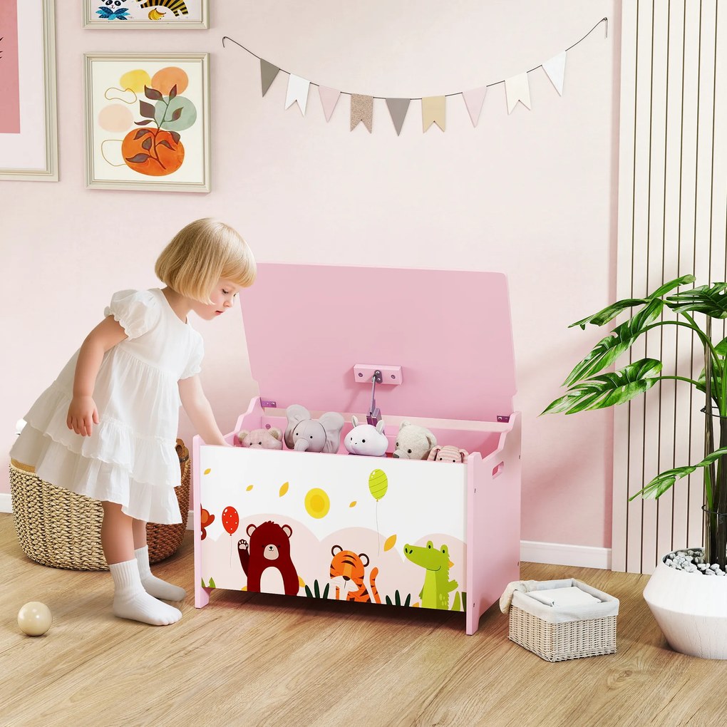 Baú de Brinquedos com Tampa Rebatível Fecho Suave Alças e Estampados de Animais 60x37x39 cm Rosa