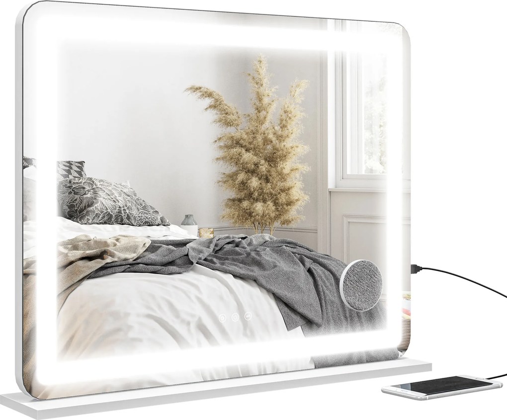Espelho com iluminação LED 80 x 62 cm, 3 modos de iluminação, ampliação de 10x, porta de carregamento USB, botão tátil branco