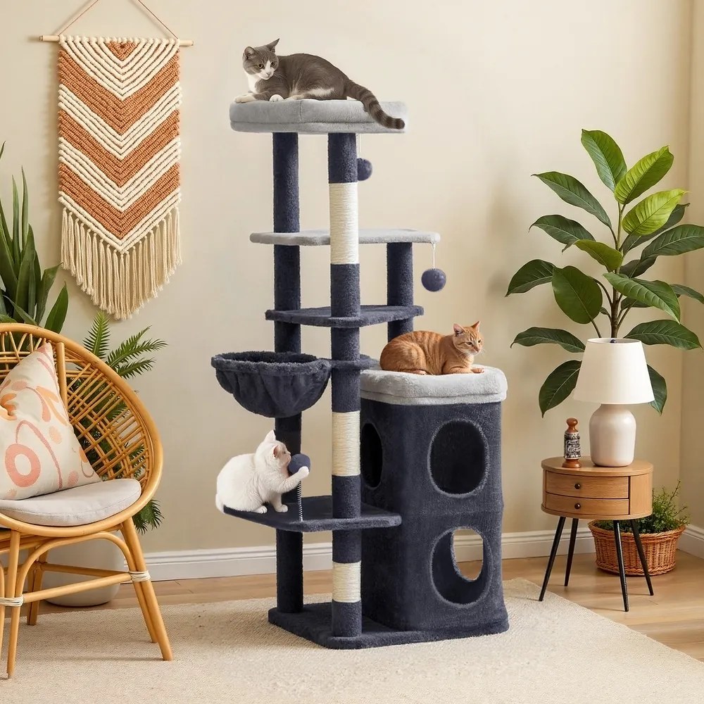 Arranhador Gatos 52 x 46 x 150 cm de vários andares com cavidades e recanto para descansar cinzento escuro