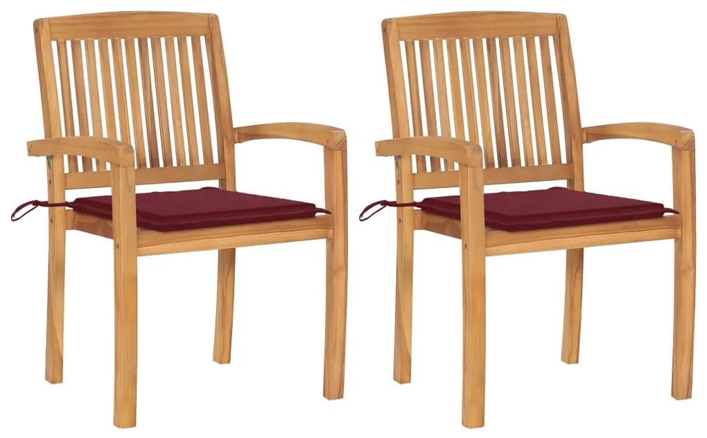 3063261 vidaXL Cadeiras jardim c/ almofadões vermelho tinto 2 pcs teca maciça