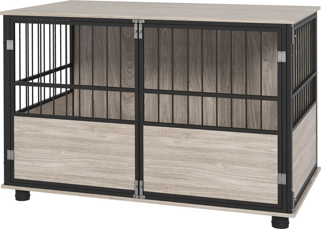 Gaiola para cães de interior, mesa auxiliar, 100 x 60 x 68 cm, casota, 3 portas com fechadura, acabamento em cor nogueira, preto