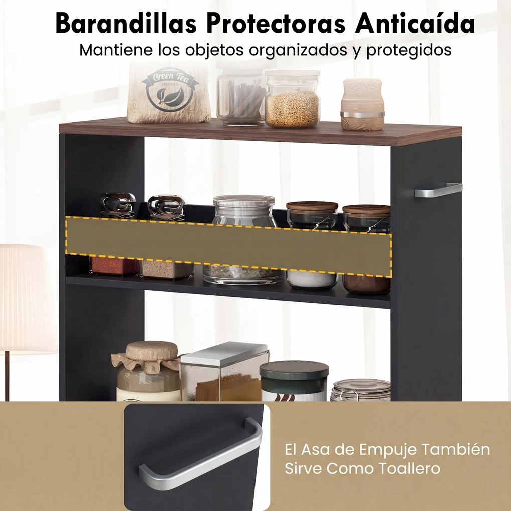 Carrinho de Arrumação Estreito para Cozinha, 47,5 x 20 x 80,5 cm, 4 Prateleiras, Castanho+Preto