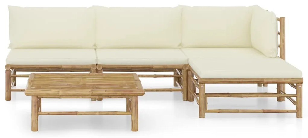 5 pcs conj. lounge p/ jardim em bambu c/ almofadões branco nata
