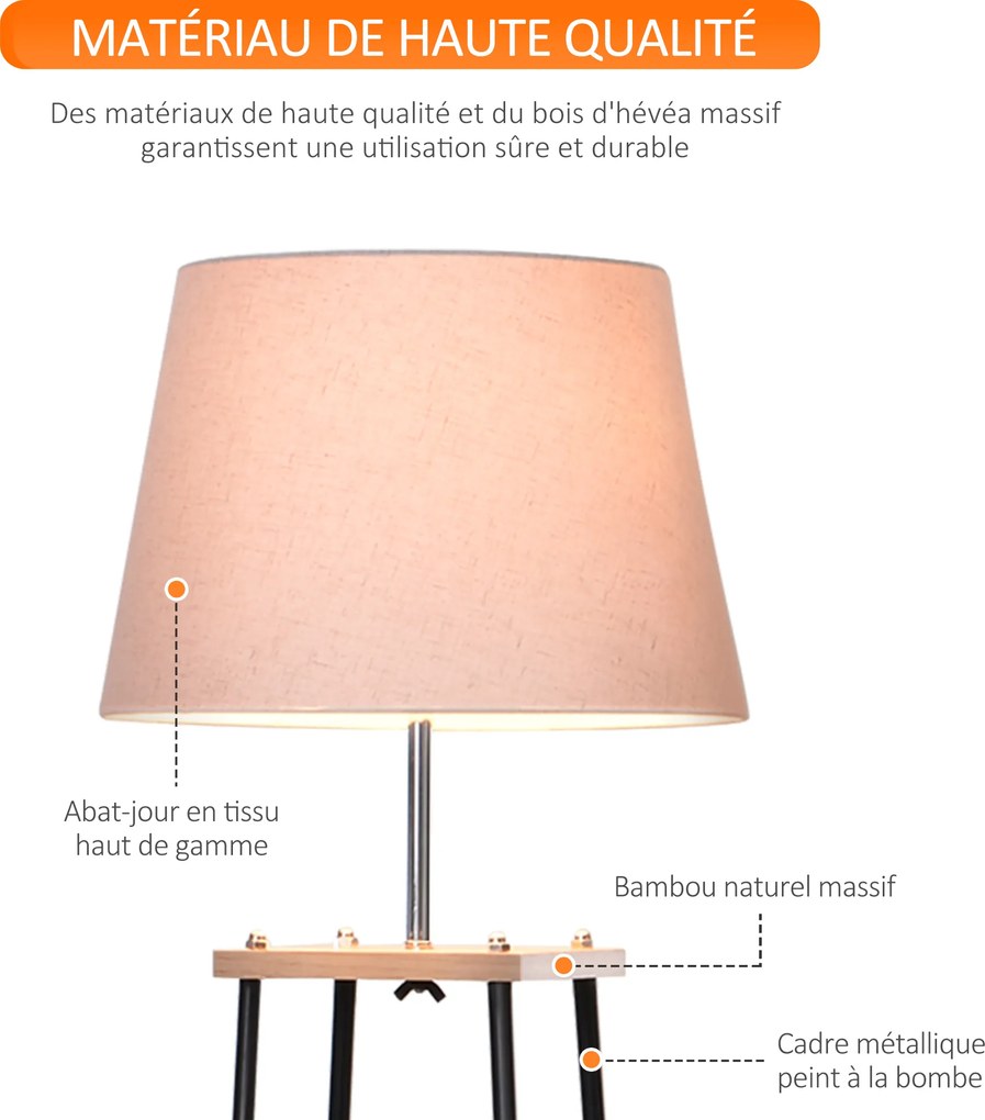 Candeeiro de pé de design contemporâneo, 40 x 40 x 160 cm, 40 W máx., 3 prateleiras integradas em madeira maciça de pinho, metal preto e linho bege e