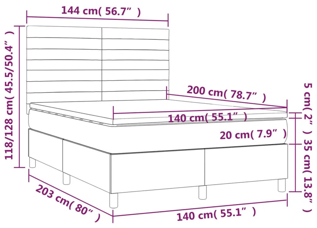 Cama box spring c/ colchão e LED 140x200 cm tecido azul