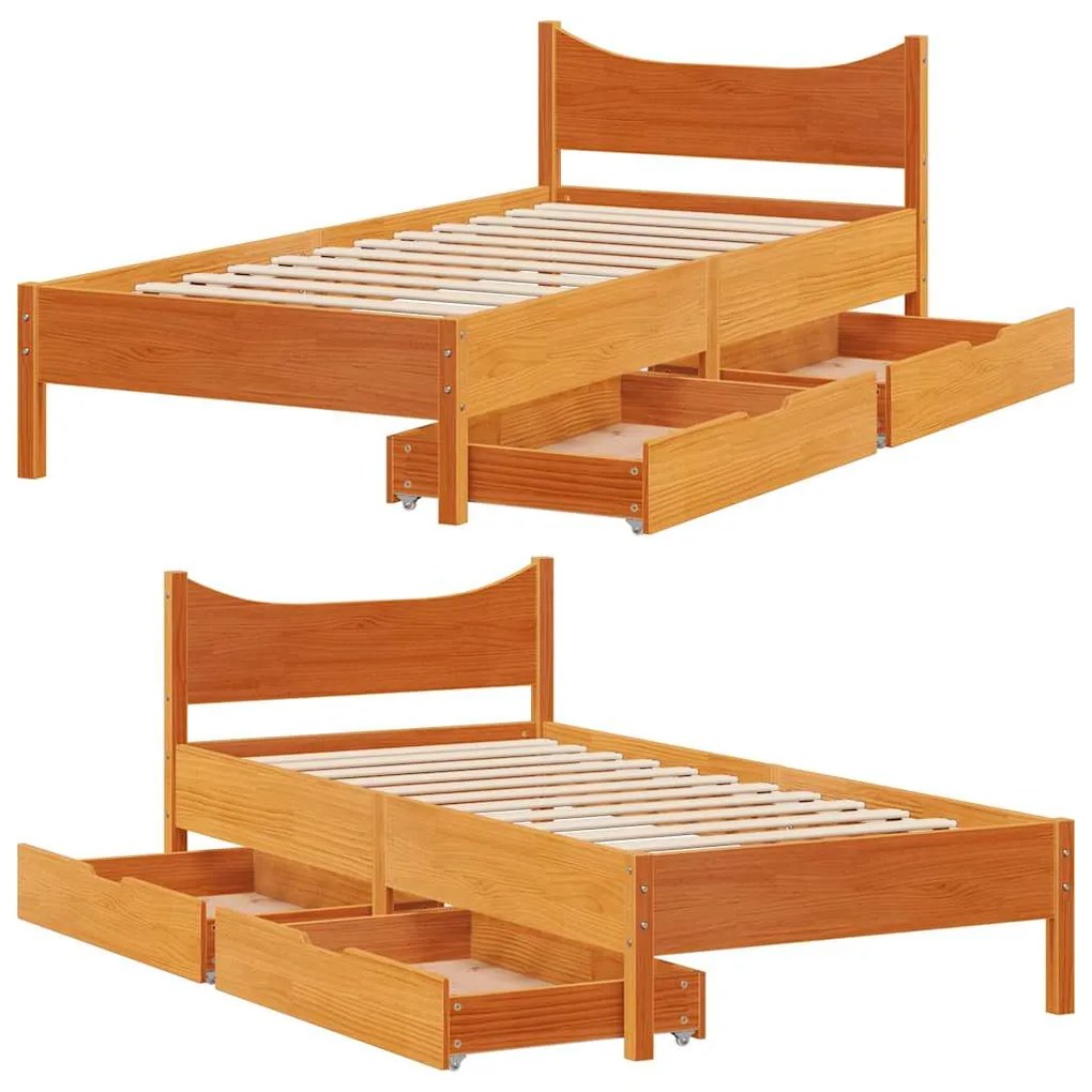 Estrutura de cama c/ gavetas 75x190cm pinho maciço castanho-mel