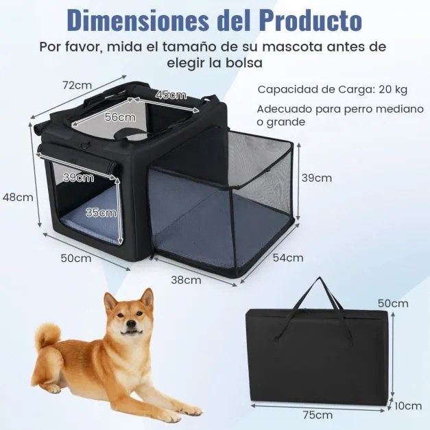 Saco de transporte dobrável e portátil Tamanho M - 90 x 76 x 48 cm para animais de estimação com 2 aberturas e janela Tapete macio Preto