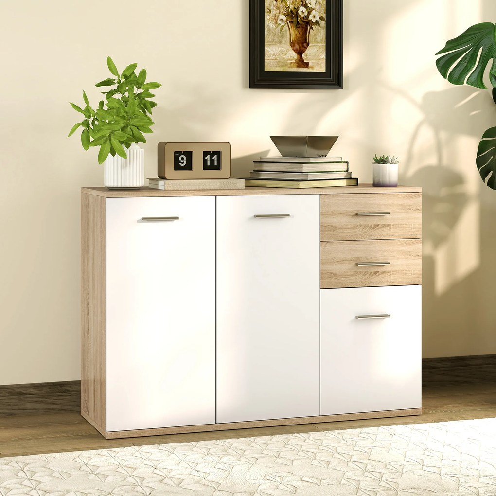 Aparador de sala, móvel de arrumação com 2 gavetas, 3 portas e prateleira ajustável, 106 x 35 x 76 cm, branco e madeira natural