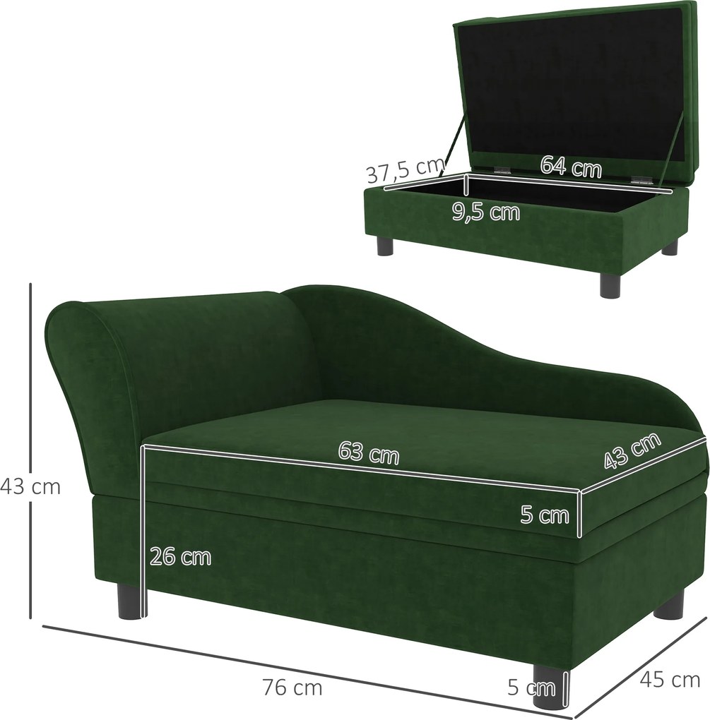Cama para cães e gatos 76 x 45 x 43 cm com pés e baú de arrumação, estilo moderno, almofada de assento removível, verde