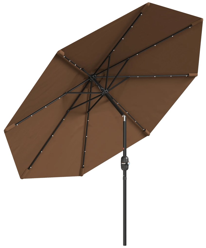 Outsunny Chapéu de Sol com 32 Luzes LED Solares Ø265x233cm Chapéu de Sol Inclinável com Manivela e Mastro de Aço para Terraço Pátio Exterior Marrom
