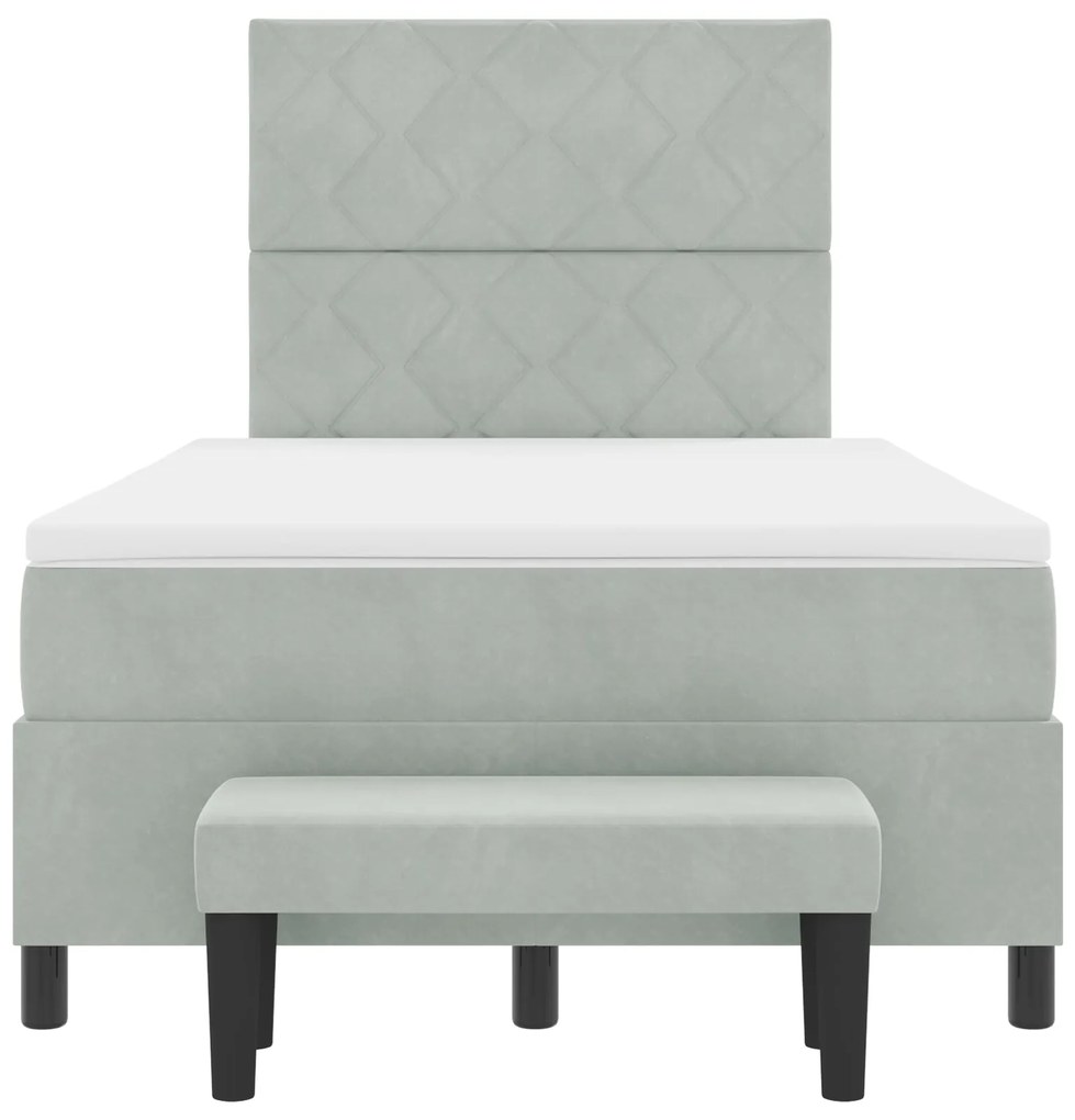 Cama Box Spring com Colchão e Banco Cinza Claro 120x200 cm Veludo