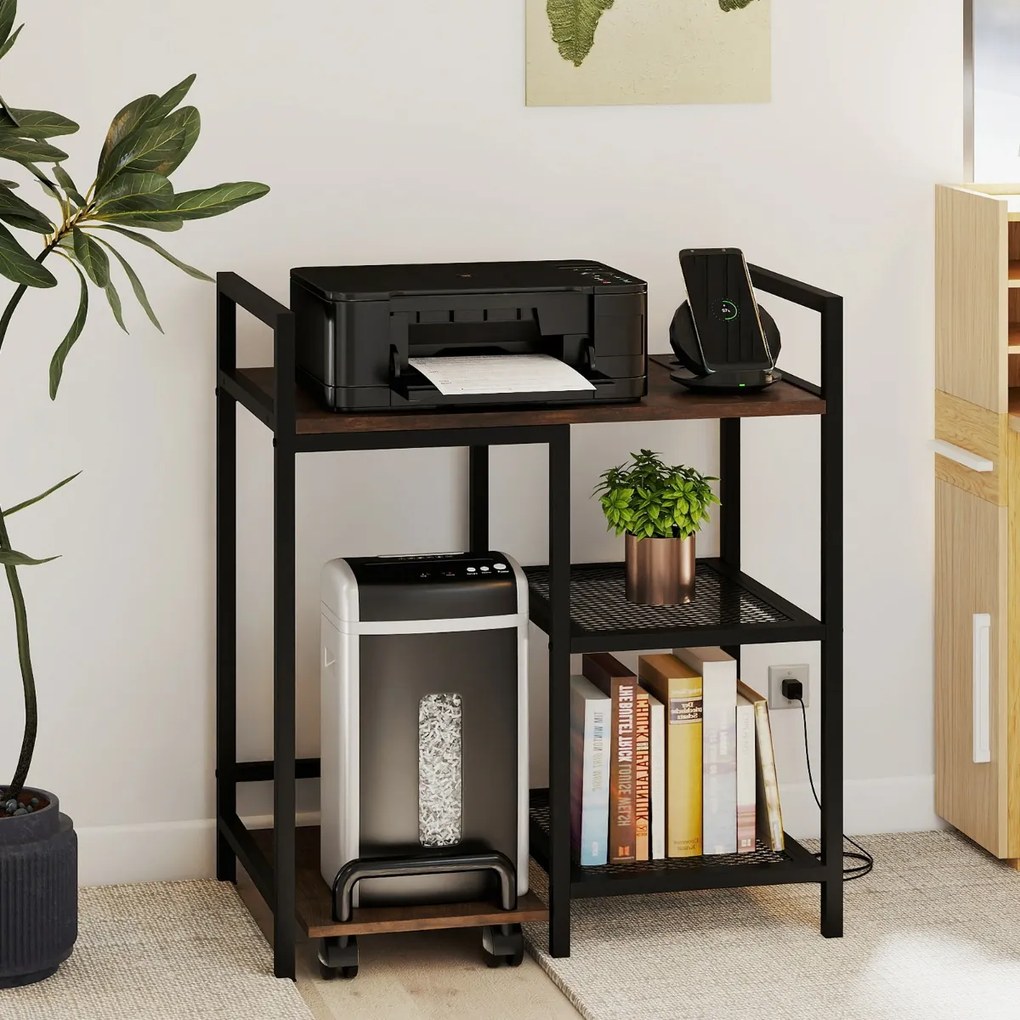 Suporte para impressora 63,5 x 40 x 72 cm com estação de carregamento de 3 níveis com rodas bloqueáveis Castanho