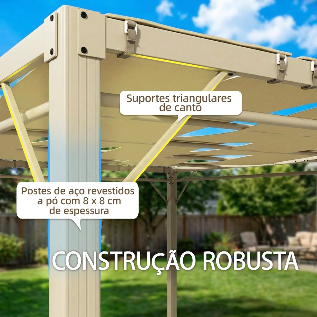 Pérgola de Jardim 385x295x225 cm com Teto Ondulado 4 Cortinas Removíveis Proteção UPF50+ e Estrutura de Aço Bege