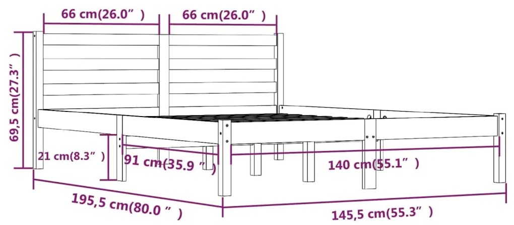 Estrutura de cama 140x190 cm pinho maciço