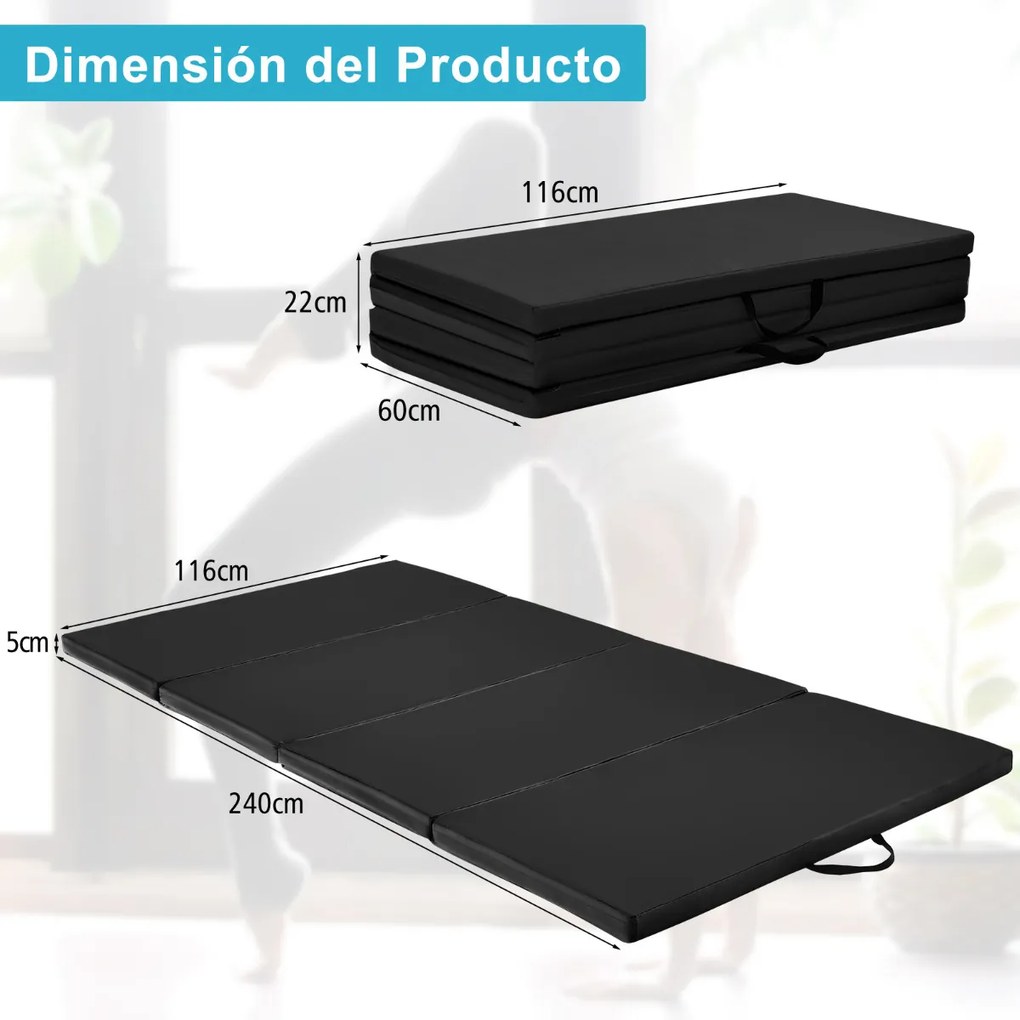 Tapete de ginástica dobrável antiderrapante de chão macio dobrável para exercícios de ioga em casa 240 x116 x 5 cm Preto