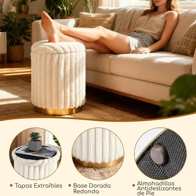 Conjunto de 2 pufe modernos 32 L + 21 L Pufes redondos estofados em pele de coelho com tampas removíveis e espaço bege