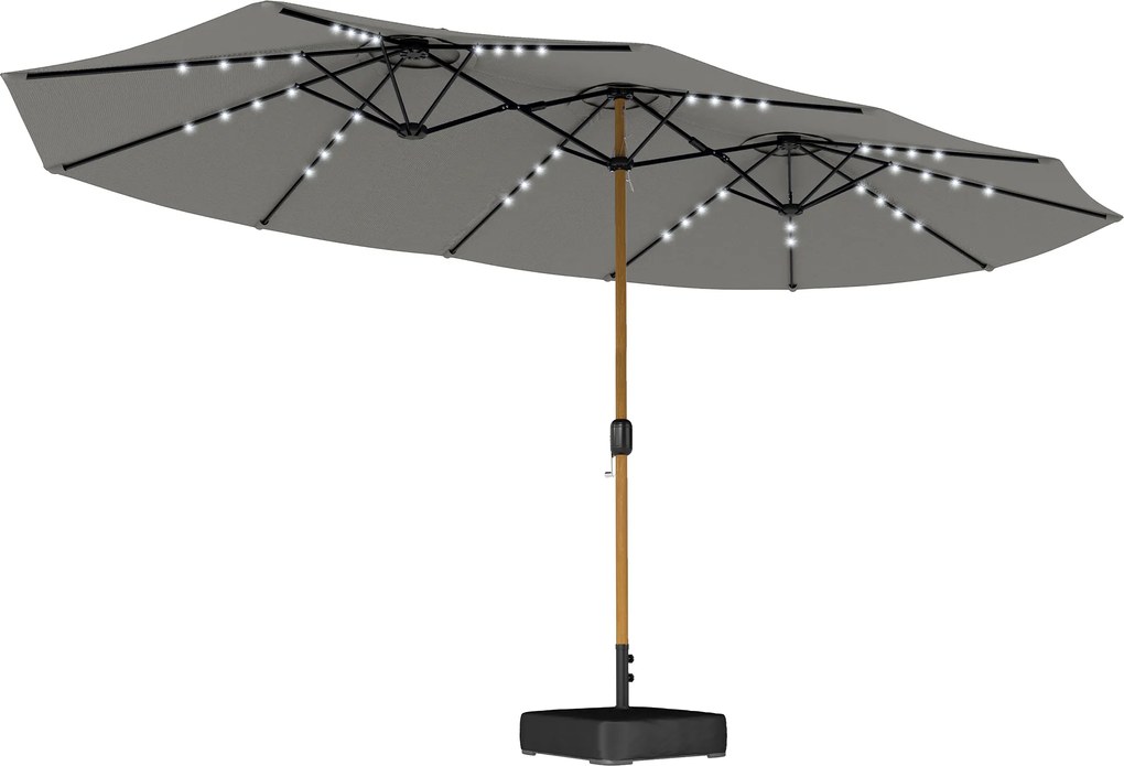Outsunny Chapéu de Sol Duplo com 48 Luzes LED 459x266x235 cm Base Incluida Manivela Sacos de Areia Cinzento | Aosom Portugal