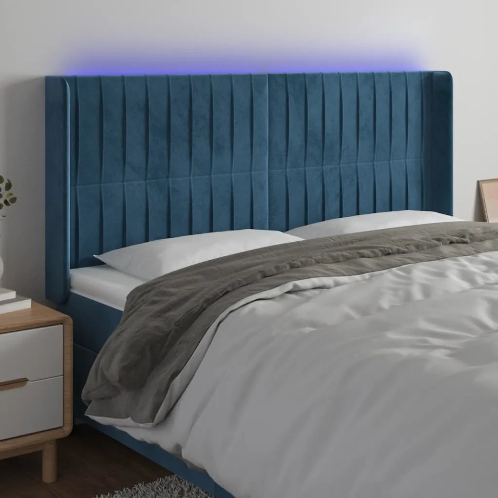 Cabeceira cama c/ luzes LED veludo 183x16x118/128cm azul-escuro