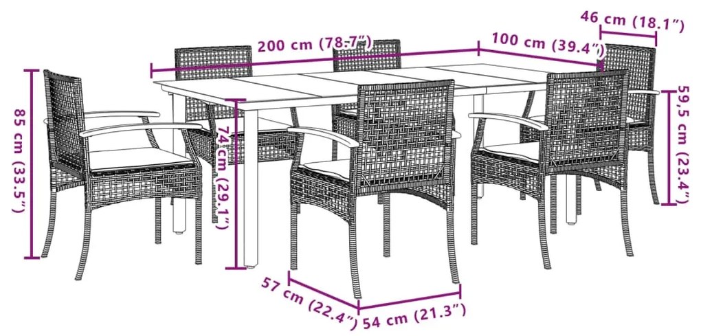 7 pcs conjunto de jantar p/ jardim c/ almofadões vime PE cinza