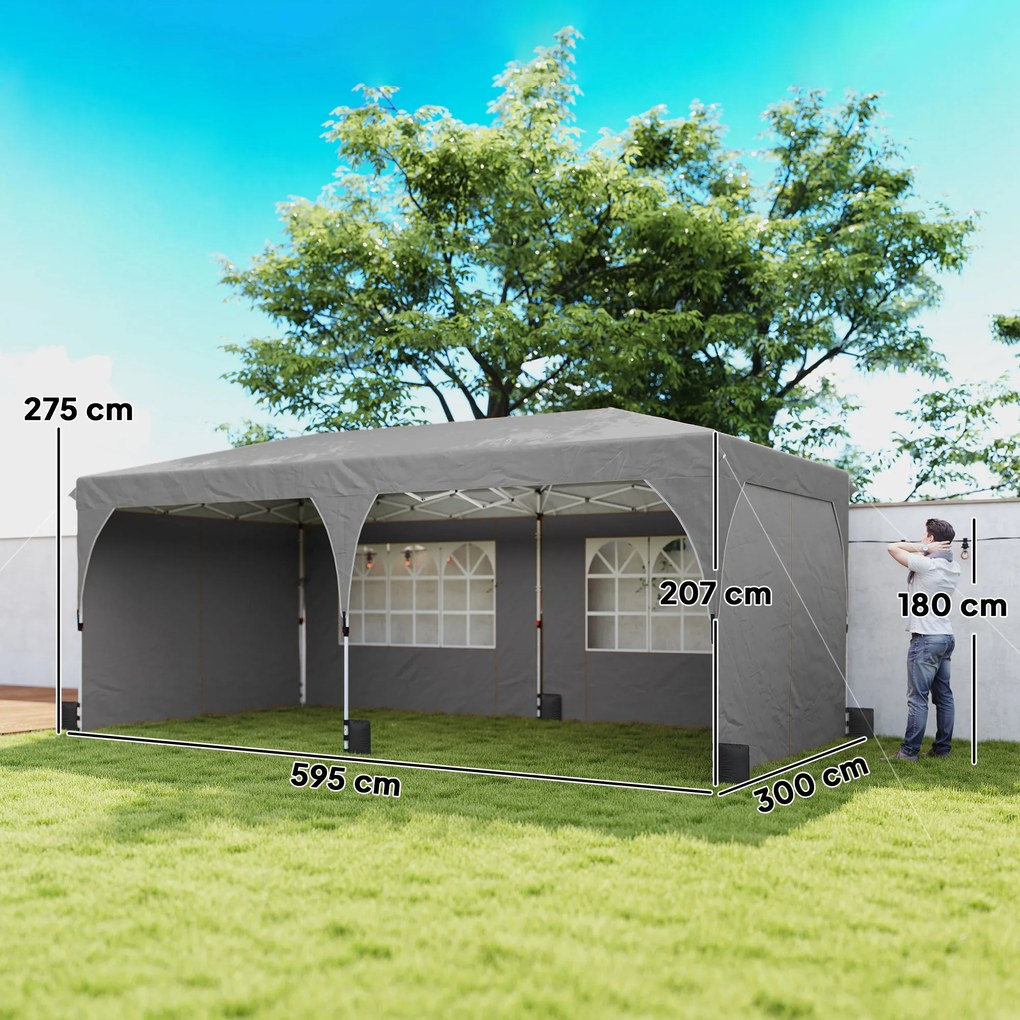 Tenda de jardim 3 x 6 m, tenda pop-up dobrável, com altura ajustável, impermeável, proteção UV50+, cinzenta