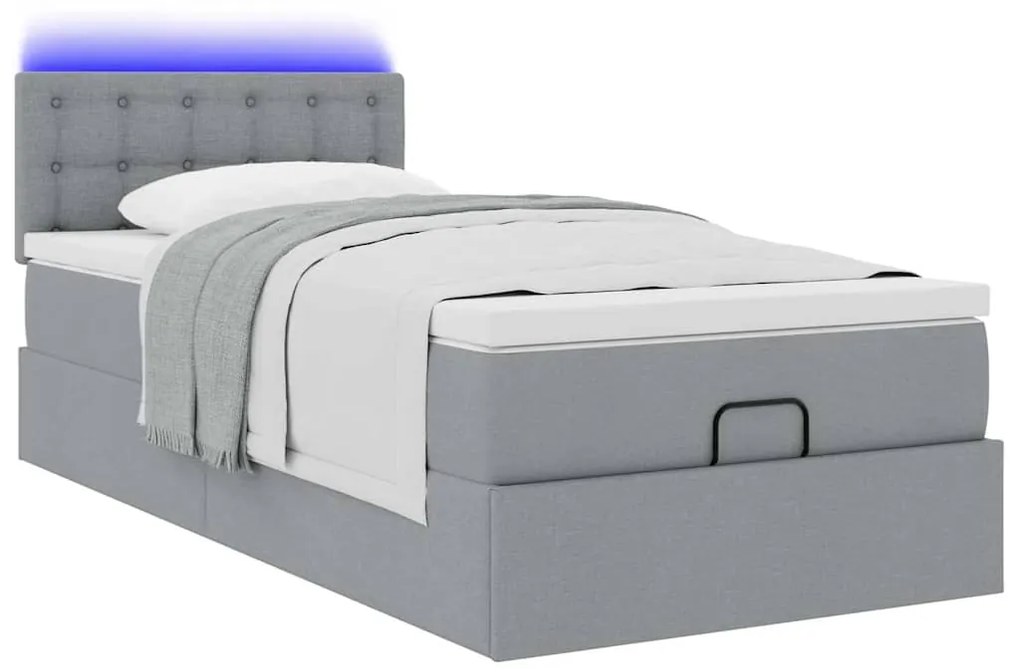 Cama Otomana com colchão &amp; LEDs 90x200 cm tecido cinzento claro