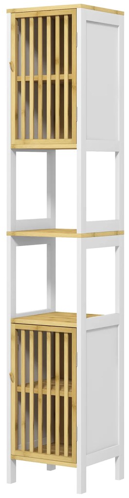 Coluna alta de Casa de Banho com 2 Estantes Abertos 2 Armários com Portas de Ripas e Prateleiras Ajustáveis 32x30x172 cm Branco