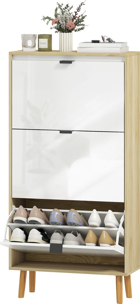 Sapateira estreito para sapatos 60 x 24 x 127 cm, 3 gavetas rebatíveis, branca e castanha