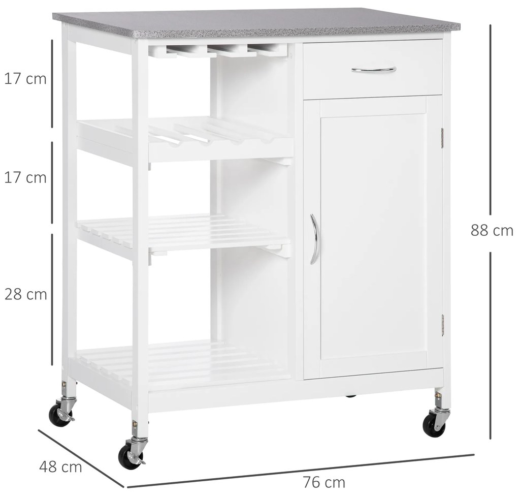 HOMCOM Carrinho de Cozinha com Rodas Carrinho de Cozinha com 1 Gaveta Prateleiras Removíveis Suporte para 4 Garrafas e Armário para Sala de Jantar Sala de Estar Carga 40kg 76x48x88cm Branco e Cinza