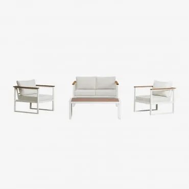 Conjunto De Jardim Com Sofá De 2 Lugares, 2 Poltronas E Mesa De Centro Em Alumínio E Madeira De Acácia Lipov Gardénia Branco - Sklum
