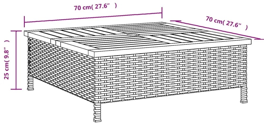 Mesa de jardim 70x70x25 cm vime e madeira de acácia preto