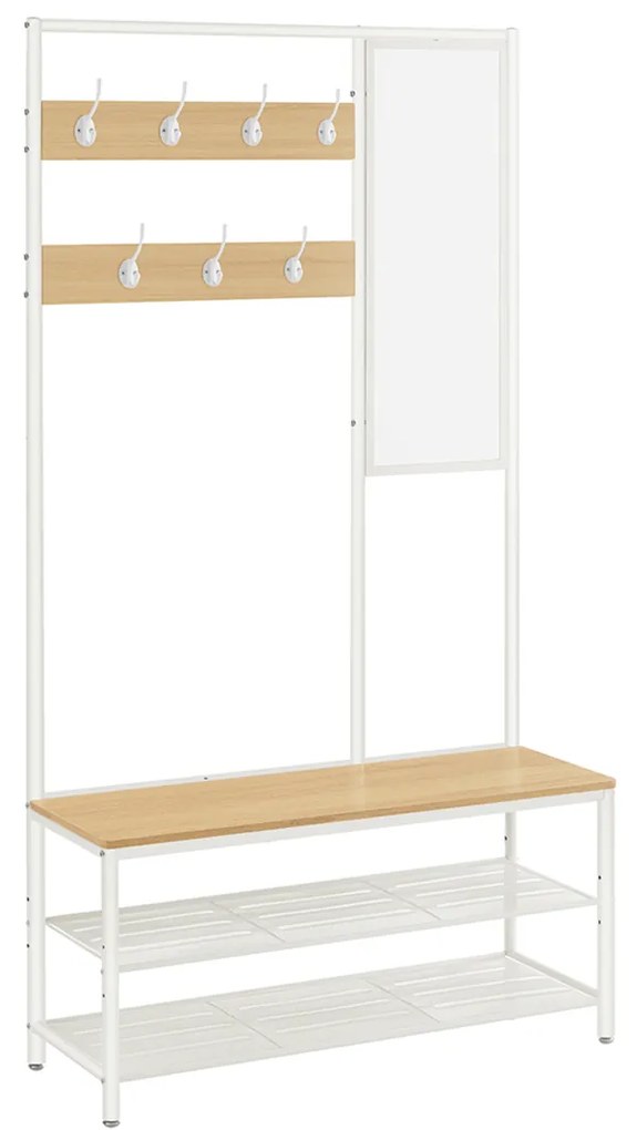 Cabideiro VASAGLE com espaço para sapatos, cabideiro de corredor com espelho, ganchos, banco e prateleiras para sapatos, 35 x 98 x 180 cm, corredor, quarto, estilo moderno, cor carvalho e branco HSR415W09