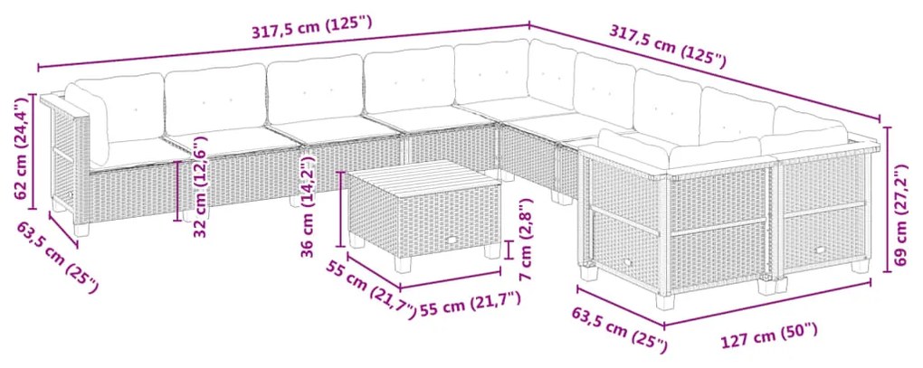 11 pcs conjunto sofás de jardim c/ almofadões vime PE cinzento