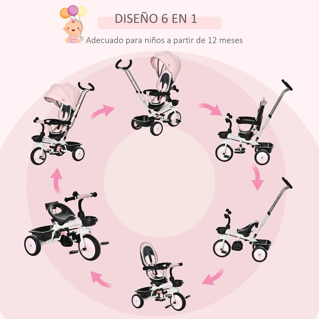 HOMCOM Triciclo para Bebé 2 em 1 Triciclo Evolutivo para Crianças de 1-5 Anos com Capô Dobrável Guiador Telescópico Grade de Proteção Removível e Apoio para os Pés 100x48x106cm Rosa