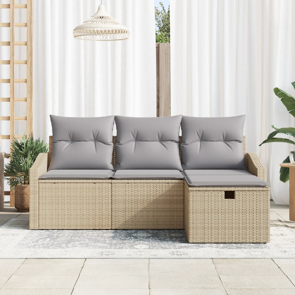 Conjunto de Sofá de Jardim de 4 Peças com Almofadas Bege de Rattan Pol