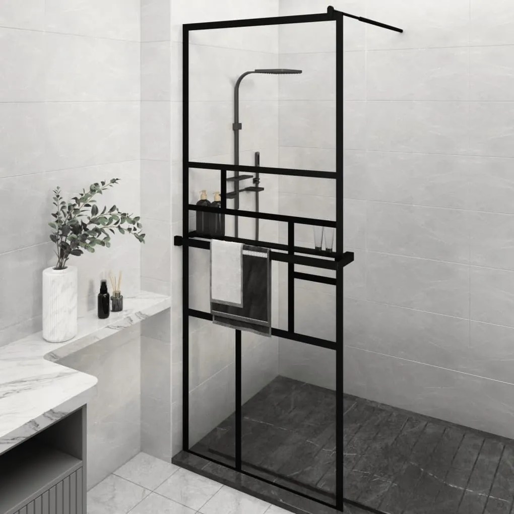 vidaXL Divisória chuveiro c/prateleira 80x195 vidro/alumínio ESG preto