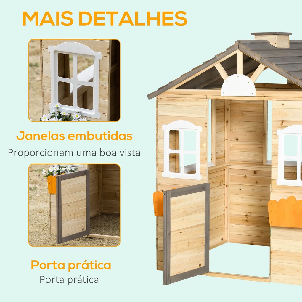 Casa de Jardim de Madeira para Crianças de 3-7 Anos com Janelas 2 Floreiras e 1 Banco 113x94x134,5 cm Madeira