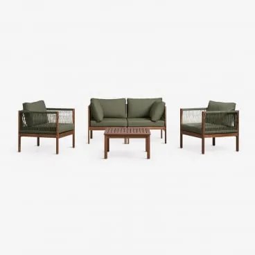 Conjunto De Jardim Com Sofá Modular De 2 Peças Com Apoios De Braços, 2 Poltronas E Mesa De Centro Em Madeira De Acácia Branson Verde Oliva Intenso - C