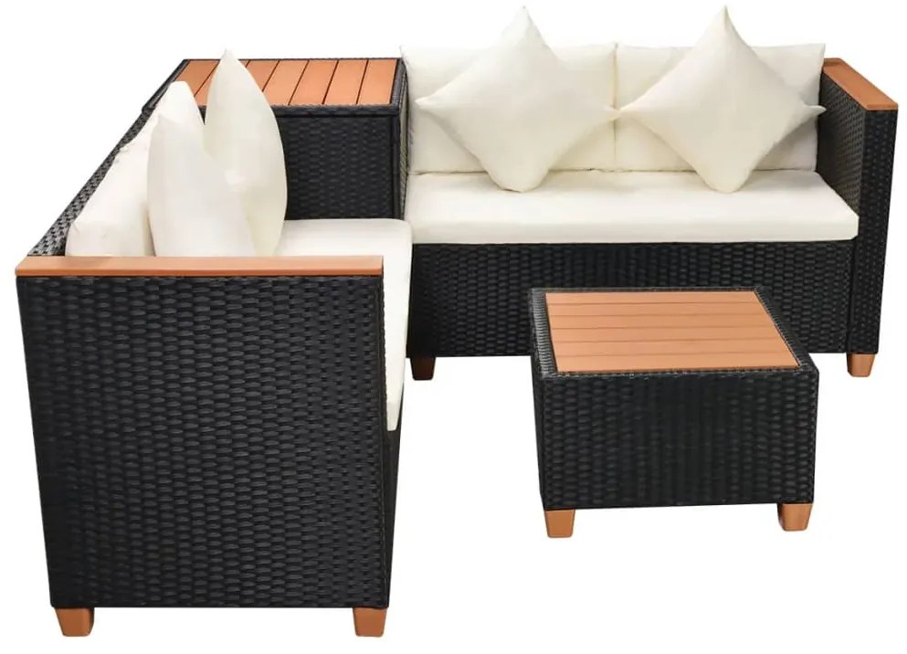 4 pcs conjunto lounge de jardim c/ almofadões vime PE preto