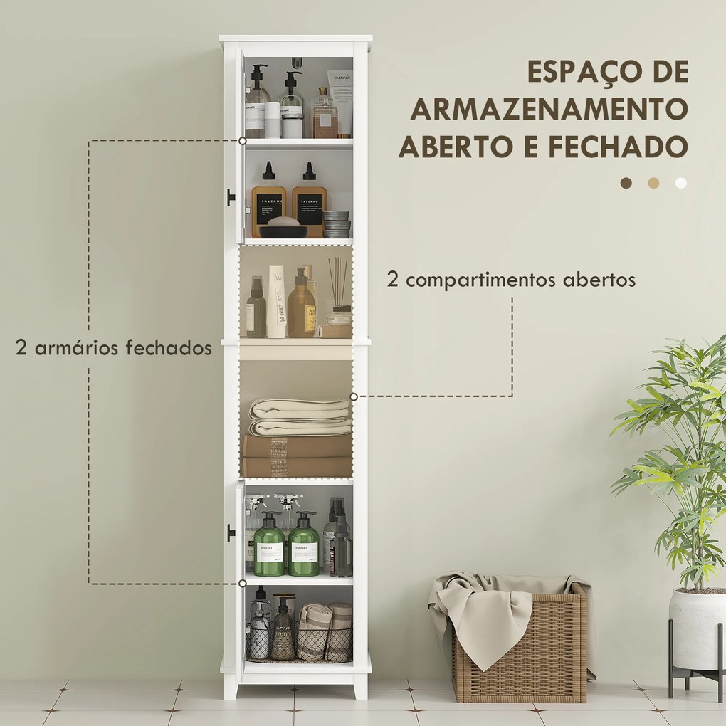 Coluna Casa de Banho com Prateleira Ajustável 2 Portas em Vime e 2 Compartimentos Estilo Boho 40x30x167,5 cm Branco