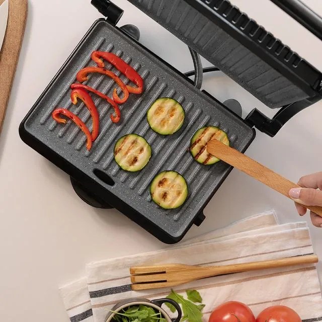 Grelhador elétrico Rock'nGrill Dark 1000. 1000 W, revestimento de pedra, tabuleiro para gorduras, placa superior flutuante, superfície 25,4x17,5 cm, s