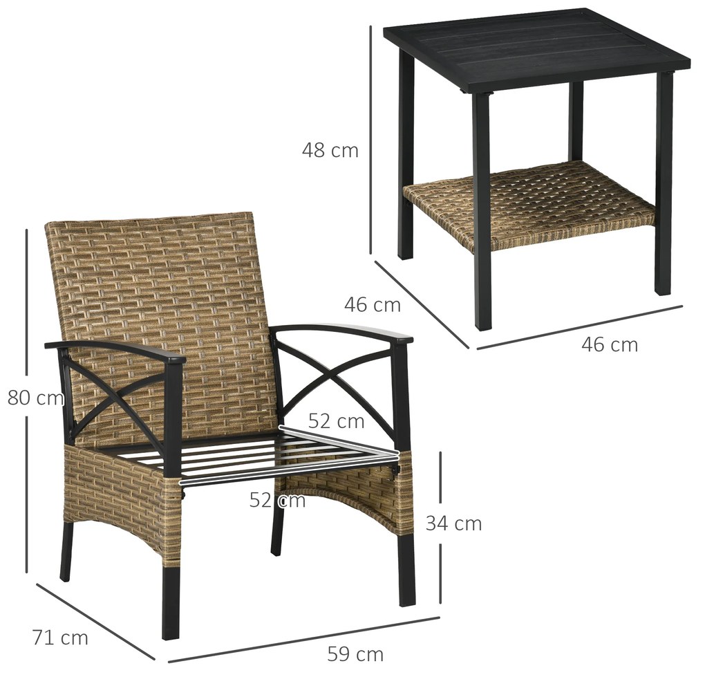 Outsunny Conjunto de Poltronas e Mesa de Centro de Vime 3 Peças Conjunto de Móveis de Vime com Almofadas Acolchoadas e Estrutura de Aço para Varanda Pátio 46x46x48cm e 59x71x80cm Marrom Claro