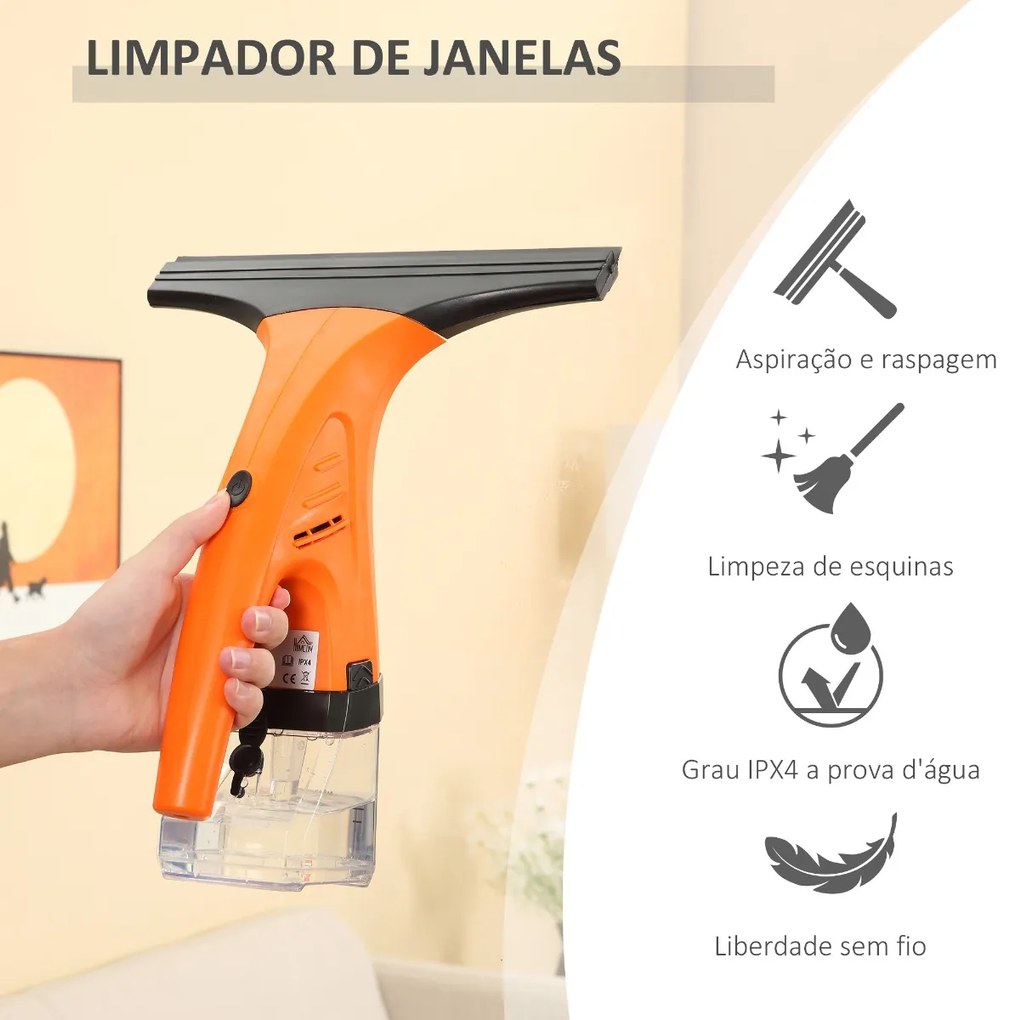 Limpa Vidros Elétrico 2 em 1 Aspirador Limpador de Vidros com Depósito de Água 300ml e Ponta de Borracha Inclui Pulverizador 19,5x12,5x33cm Laranja